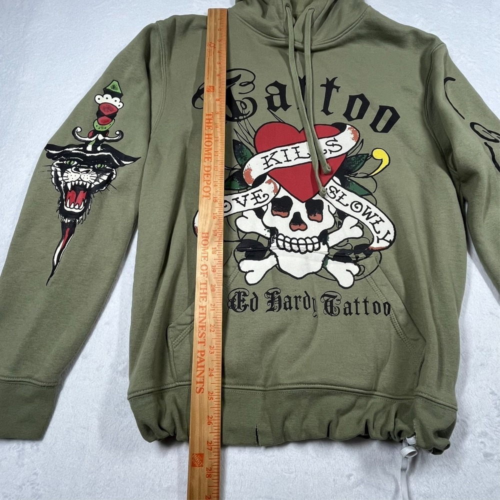Ed Hardy Hoodie Mens Medium Olive Green Tattoo Graphic Love Kills Slowly *Flaws - Picture 11 of 14